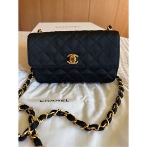 Chanel Vintage CC Chain Flap Bag Quilted Satin Mini Black